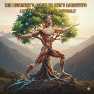 Healthy men exercising, eating nutrient-rich foods, and following longevity routines for strength and vitality