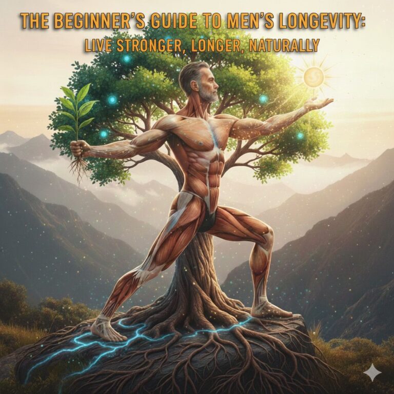 Healthy men exercising, eating nutrient-rich foods, and following longevity routines for strength and vitality