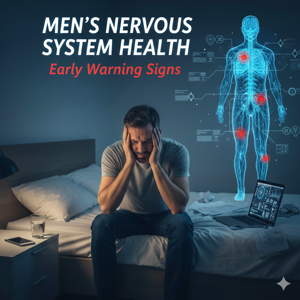Men’s Nervous System Health: Early Warning Signs You Should Never Ignore
Introduction: Why Men’s Nervous System Health Deserves More Attention

The nervous system is the body’s main communication network. It controls movement, sensation, thinking, emotions, digestion, sexual function, and even how the heart beats. Despite its importance, men often ignore early nervous system warning signs, especially when symptoms seem mild or come and go.

Many serious neurological conditions start with small, subtle signals. These early signs are often misunderstood as stress, aging, fatigue, or “nothing serious.” Unfortunately, ignoring these signals can allow preventable or manageable conditions to worsen over time.

This article explains men’s nervous system health early warning signs in a clear, simple, and practical way. You will learn how to recognize early symptoms, understand what they may mean, and know when to seek medical advice.

Understanding the Nervous System (Simple Explanation)
What Is the Nervous System?

The nervous system is made of:

Brain – the control center

Spinal cord – the main communication highway

Nerves – cables that send messages throughout the body

Two Main Parts of the Nervous System
1. Central Nervous System (CNS)

Brain

Spinal cord

2. Peripheral Nervous System (PNS)

Nerves outside the brain and spinal cord

Controls muscles, sensation, and organs

Why Nervous System Health Is Critical for Men

Men face unique risks that affect the nervous system, including:

High stress levels

Physical labor or repetitive strain

Higher rates of alcohol and tobacco use

Delayed medical checkups

Hormonal changes with age

Occupational exposure to toxins

Why Early Warning Signs Matter

Early symptoms are the body’s alarm system. When identified early:

Conditions can be treated more effectively

Permanent nerve damage may be prevented

Quality of life can be preserved

Long-term disability risk is reduced

Ignoring early signs may lead to:

Chronic pain

Weakness or paralysis

Cognitive decline

Sexual dysfunction

Loss of independence

Common Early Warning Signs of Nervous System Problems in Men
Persistent or Unusual Headaches
When Headaches Are a Warning Sign

Not all headaches are dangerous. However, seek attention if headaches:

Are new and severe

Worsen over time

Wake you from sleep

Come with nausea, vision problems, or confusion

Possible Causes

Migraine disorders

High blood pressure affecting the brain

Brain inflammation

Nerve compression

Numbness, Tingling, or “Pins and Needles”
What This Sensation Means

This often signals nerve irritation or damage.

Common Locations

Hands and fingers

Feet and toes

Legs or arms

Possible Causes

Peripheral neuropathy

Diabetes-related nerve damage

Vitamin B12 deficiency

Nerve compression (e.g., carpal tunnel)

Muscle Weakness or Loss of Strength
Early Signs

Difficulty lifting objects

Weak grip

Legs feeling heavy

Trouble climbing stairs

Why This Is Serious

Muscle weakness may indicate:

Nerve damage

Spinal cord issues

Neuromuscular disorders

Balance Problems and Dizziness
Warning Symptoms

Feeling unsteady

Frequent stumbling

Dizziness when standing

Loss of coordination

Possible Causes

Inner ear nerve disorders

Brainstem issues

Low blood pressure affecting the brain

Neurodegenerative conditions

Changes in Vision
Nervous System-Related Vision Problems

Blurred vision

Double vision

Loss of peripheral vision

Sudden vision loss

Why Vision Matters

The eyes are directly connected to the brain through the optic nerve. Vision changes may signal:

Optic nerve inflammation

Stroke warning signs

Brain pressure changes

Tremors or Involuntary Movements
Early Warning Signs

Shaking hands

Muscle twitching

Jerky movements

Facial spasms

Possible Causes

Essential tremor

Early Parkinson’s disease

Anxiety affecting the nervous system

Medication side effects

Memory Problems and Mental Fog
Early Cognitive Changes

Forgetting recent events

Difficulty concentrating

Slower thinking

Trouble finding words

When to Be Concerned

Occasional forgetfulness is normal. Concern arises when:

Symptoms worsen

Daily tasks become difficult

Others notice changes

Mood and Personality Changes
Nervous System and Emotions

The brain regulates mood and behavior. Warning signs include:

Irritability

Depression

Anxiety without clear cause

Sudden personality changes

These may be linked to:

Neurochemical imbalance

Brain inflammation

Chronic stress affecting neural pathways

Sleep Disturbances
Nervous System Warning Signs During Sleep

Insomnia

Excessive daytime sleepiness

Restless legs

Acting out dreams

Sleep problems may reflect:

Nervous system overstimulation

Neurodegenerative disease markers

Autonomic nervous system imbalance

Chronic Pain Without Clear Injury
Neuropathic Pain Characteristics

Burning sensation

Electric shock feelings

Sharp or stabbing pain

Pain without visible injury

This pain often originates from damaged or irritated nerves.

Digestive and Bladder Changes
Nervous System Control of Organs

The autonomic nervous system controls digestion and urination.

Warning signs include:

Constipation or diarrhea without cause

Difficulty urinating

Loss of bladder control

Erectile dysfunction

These may signal nerve dysfunction rather than digestive problems alone.

Risk Factors That Increase Nervous System Problems in Men
Lifestyle Factors

Smoking

Excessive alcohol use

Poor diet

Lack of physical activity

Chronic stress

Medical Conditions

Diabetes

High blood pressure

Autoimmune diseases

Vitamin deficiencies

Occupational Risks

Heavy physical labor

Repetitive movements

Exposure to chemicals

Long periods of sitting

When Should Men See a Doctor?

Seek medical advice if symptoms:

Persist longer than two weeks

Worsen over time

Affect daily life

Appear suddenly or severely

Early evaluation may involve:

Neurological exam

Blood tests

Imaging (MRI or CT)

Nerve conduction studies

How Men Can Protect Nervous System Health
Healthy Daily Habits
Nutrition for Nerve Health

Vitamin B12

Omega-3 fatty acids

Magnesium

Antioxidant-rich foods

Physical Activity

Regular walking

Strength training

Stretching exercises

Balance exercises

Stress Management

Chronic stress damages the nervous system. Helpful practices include:

Deep breathing

Meditation

Adequate sleep

Social connection

Avoiding Nerve Toxins

Limit alcohol intake

Stop smoking

Use protective equipment at work

Avoid self-medicating

Early Detection Saves Lives and Quality of Life

Many neurological conditions are manageable when caught early. Men who listen to their bodies and act promptly often avoid severe complications.

Ignoring early nervous system warning signs can lead to:

Permanent nerve damage

Chronic disability

Reduced independence

Paying attention is not weakness—it is responsibility.

Reliable Medical and Research Sources

For further trusted information, consult:

National Institute of Neurological Disorders and Stroke (NINDS) – https://www.ninds.nih.gov

Mayo Clinic – Neurology – https://www.mayoclinic.org

Cleveland Clinic – Nervous System Health – https://my.clevelandclinic.org

These sources provide evidence-based, up-to-date medical guidance.

Conclusion: Listen to Your Nervous System

Your nervous system speaks quietly before it screams. Men who recognize early warning signs protect not only their health but their future independence, work ability, and quality of life.

Do not ignore persistent symptoms. Early action is the strongest form of prevention.

Disclaimer

This article is for educational purposes only and does not replace professional medical advice, diagnosis, or treatment. Always consult a qualified healthcare provider regarding any health concerns or symptoms.